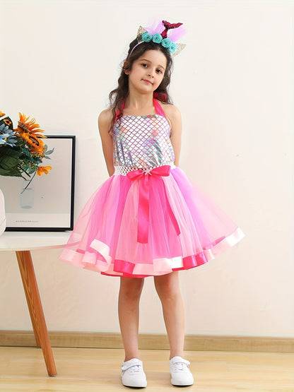 Tutu Dress and Headband Set - Sparkling Fish Scale Pattern Mesh Outfit for Girls - Perfect for Christmas, Halloween, Birthday Party, Performance, and Gift-Giving Occasions