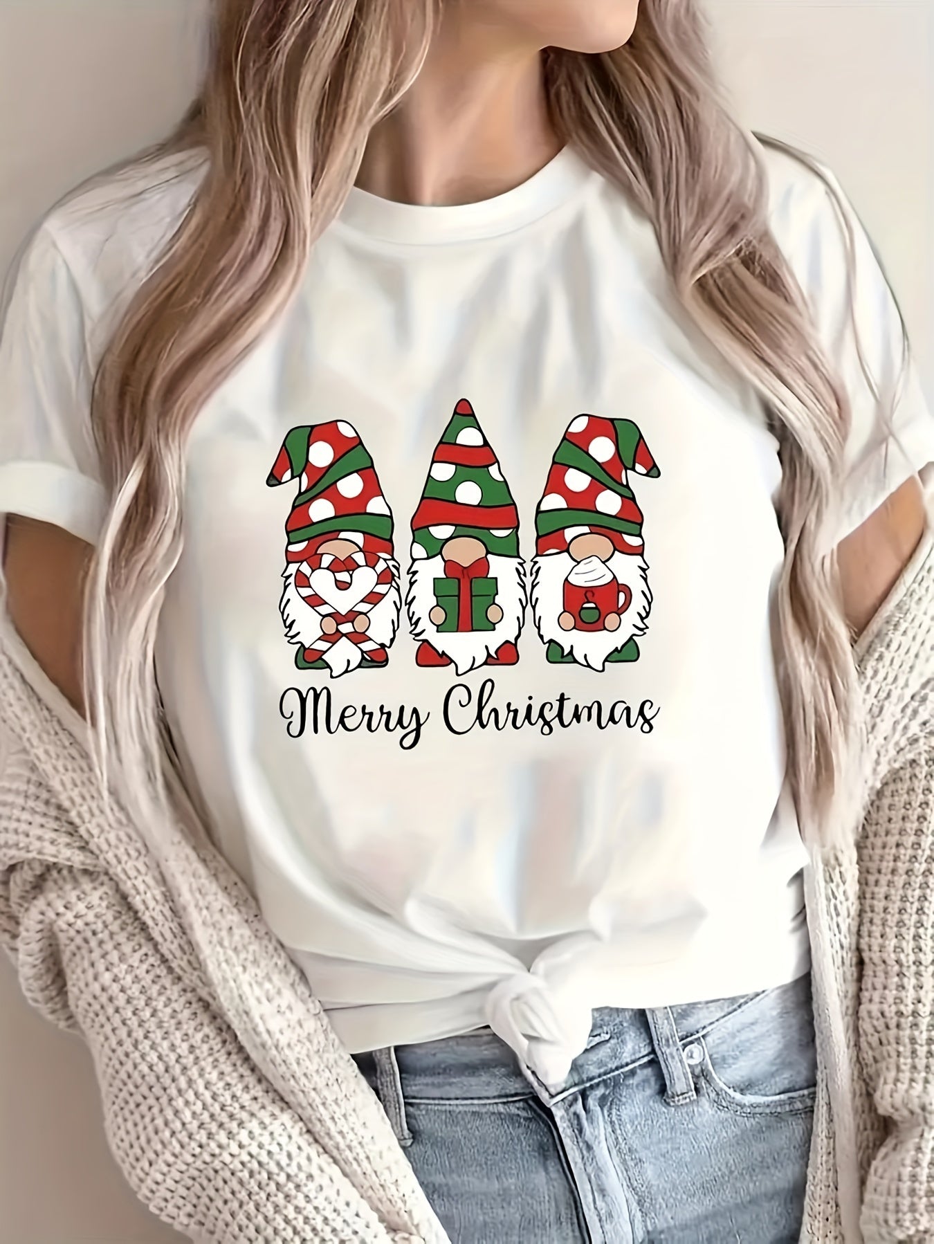 1pc Women'S Plus Size Merry Christmas Cartoon Gnomes T-Shirt, Casual Crew Neck Short Sleeve Top with Slight Stretch, Polyester Knit Fabric Pullover for All Seasons