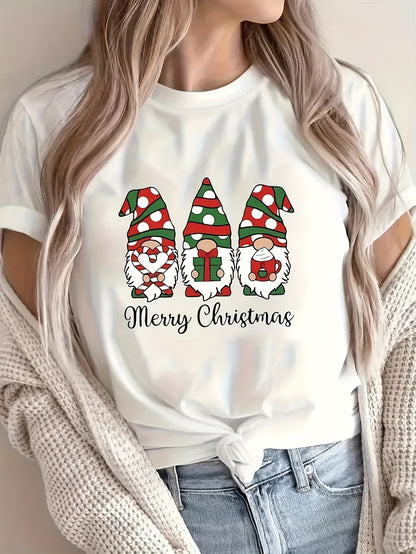 1pc Women'S Plus Size Merry Christmas Cartoon Gnomes T-Shirt, Casual Crew Neck Short Sleeve Top with Slight Stretch, Polyester Knit Fabric Pullover for All Seasons