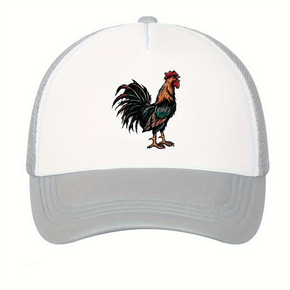 Retro Rooster Print Curved Brim Baseball Cap - Breathable Mesh Trucker Hat with Snapback Closure, Perfect for Casual Leisure Outdoor Sports, Unisex Fashion Accessory for Summer, Spring, and Fall