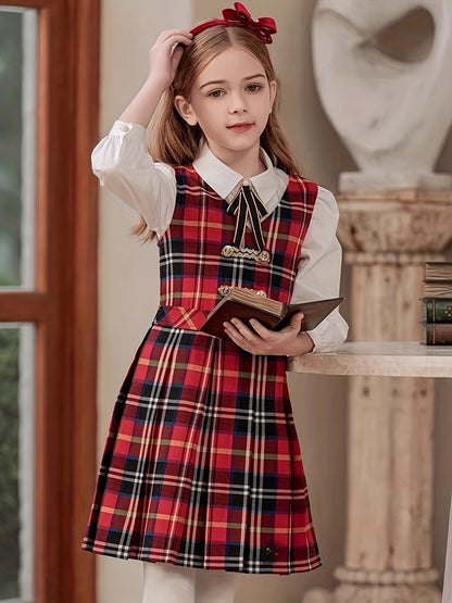Girls' Vintage Plaid Dress - Classic School Uniform, Perfect for Spring, Fall, and Christmas, Ideal Gift for School Girls