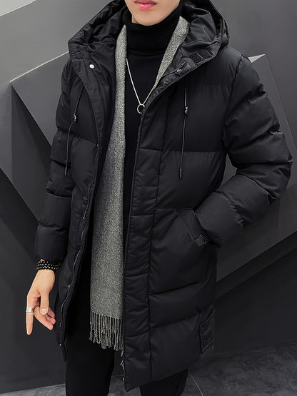 Men's Warm Puffer Coat, Casual Slightly Stretch Breathable Hooded Down Jacket For Outdoor Winter