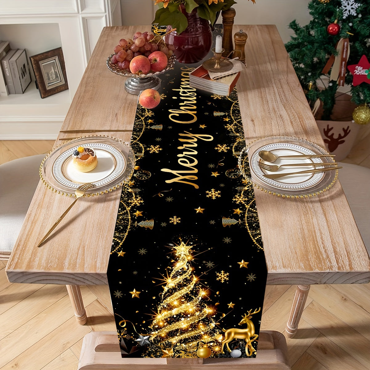 Christmas Table Runner 1PC - Handmade Polyester Black and Golden Christmas Tree Design - Festive Holiday Party Table Decoration for General Fit - Winter Xmas Gathering Home Decor