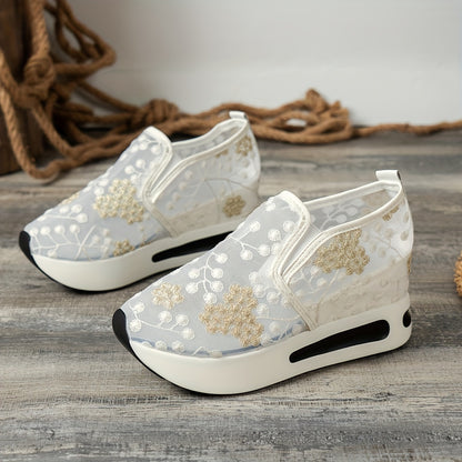 Womens Floral Lace Charm - Casual Height Enhancing Slip-On Shoes with Stylish Platform - Versatile Low Top for Everyday Elegance