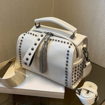 Vintage-Inspired Tassel Embellished Boston Handbag - Women's Fashion Crossbody Bag with Studded Decor, Chains Shoulder Strap, and Y2k Style Novelty Design - Perfect for Wedding Party, Designer Messenger Purse with Punk Rock Flair