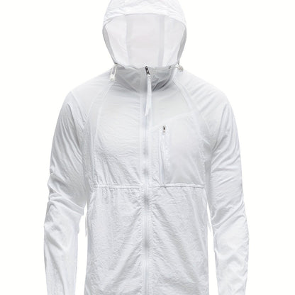 Men's Solid Color Hooded Long Sleeve Zipper Down Sun Protection Jacket With Pockets, Lightweight And Comfy Jacket Suitable For Outdoors Wear