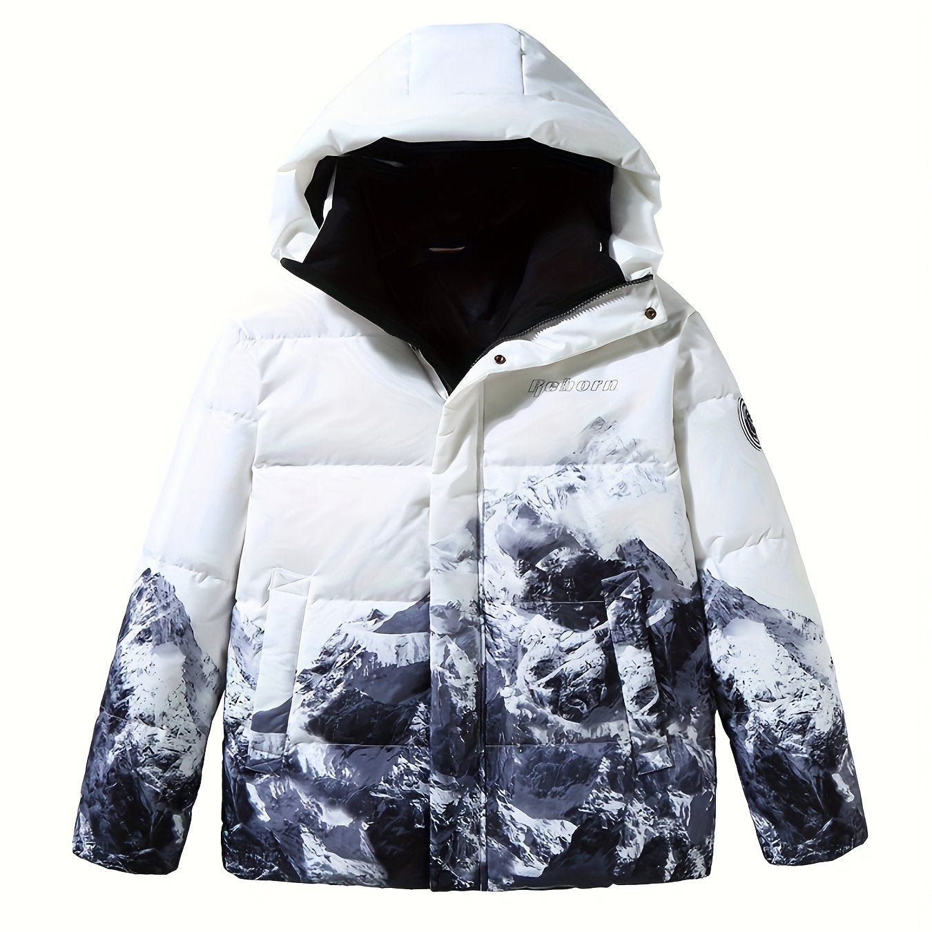 Men's Stylish Mountains Pattern Down Jacket With Pockets, Casual Breathable Zip Up Long Sleeve Warm Hooded Top For Winter City Walk Street Hanging Outdoor Activities