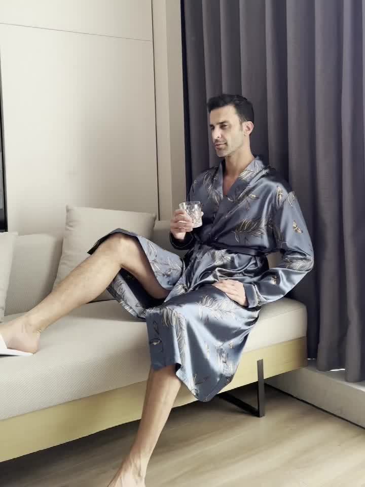 Men's Long-sleeved Thin Style Spring And Autumn Ice Silk Bathrobe, Elegant Floral Print Pattern Sleepwear Loungewear Clothes Outerwear In Summer
