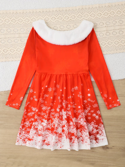 Stylish Snowflake Crew Neck Long Sleeve Dress - Activewear for Girls - Elegant Graphic Print, Splicing Design, Comfortable Fit for Spring, Fall and Christmas Gift Ideas