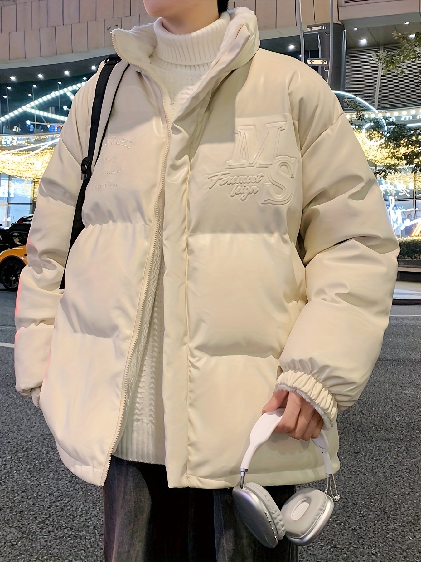 Men's Stylish Alphabets Faux Down Jacket With Pockets, Casual Breathable Lapel Zip Up Long Sleeve Warm Top For Winter City Walk Street Hanging Outdoor Activities