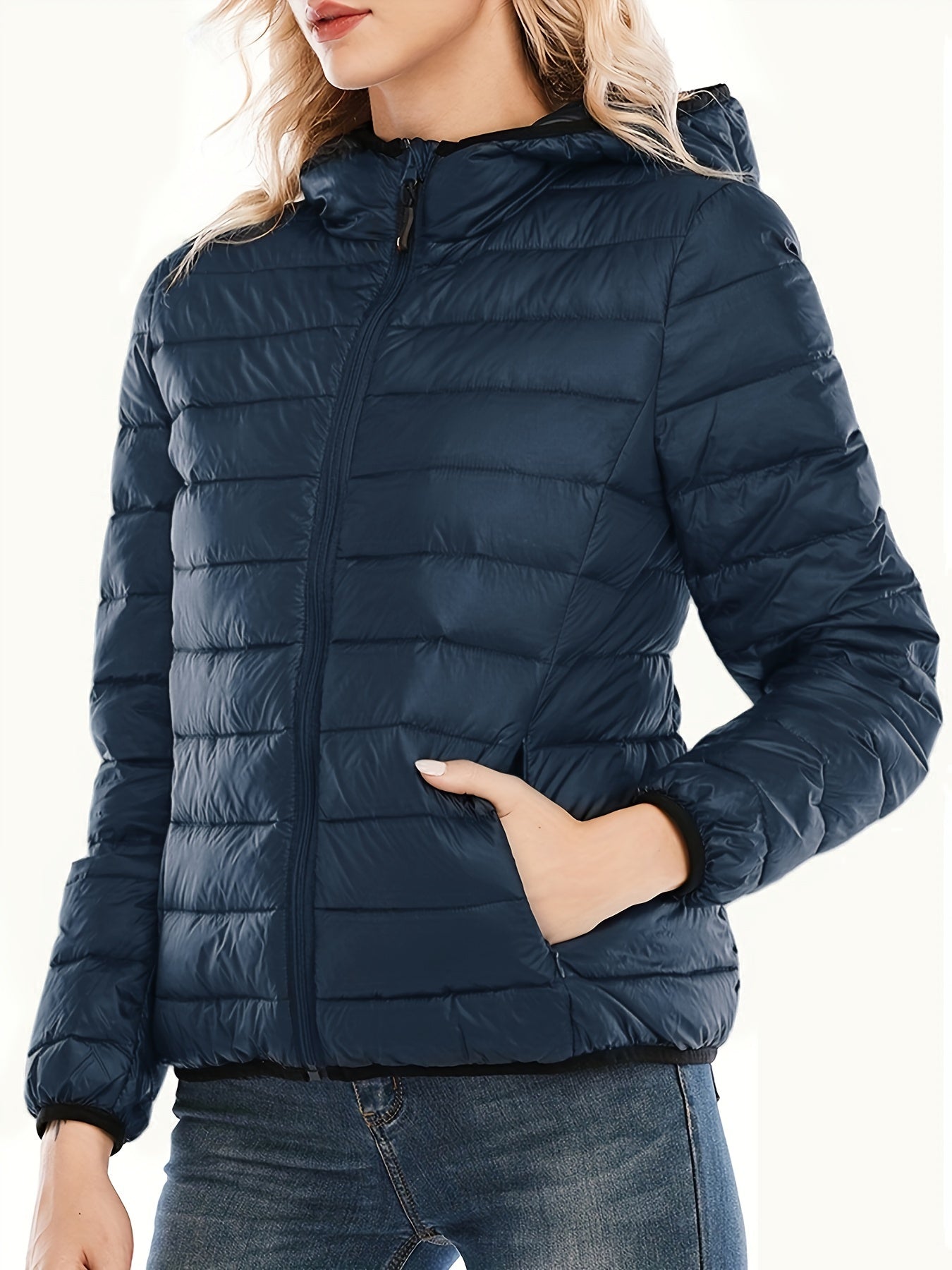 Zip Up Solid Hooded Coat, Casual Long Sleeve Winter Warm Outerwear, Women's Clothing