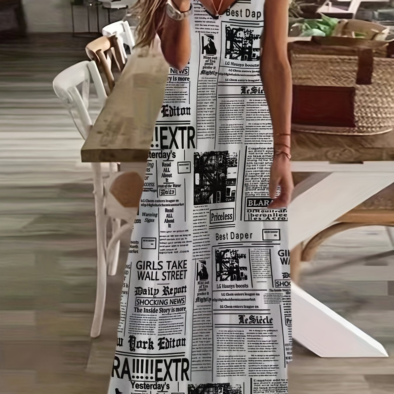 VAKKV  Trendy Newspaper Print Maxi Dress - Boho Style, Spaghetti Strap V-Neck, Perfect for Summer Outings & Parties, Women's Fashion