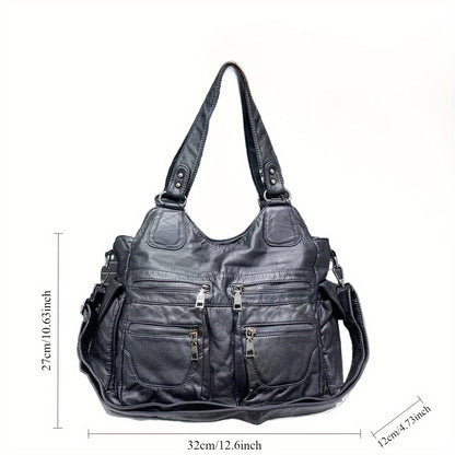 Large Capacity Vintage Multi-Pocket Faux Leather Tote Bag for Women with Removable Strap and Zipper Closure - Polyester Lined Work Bag from Guangzhou with Edge Painted Accessory-Free Design