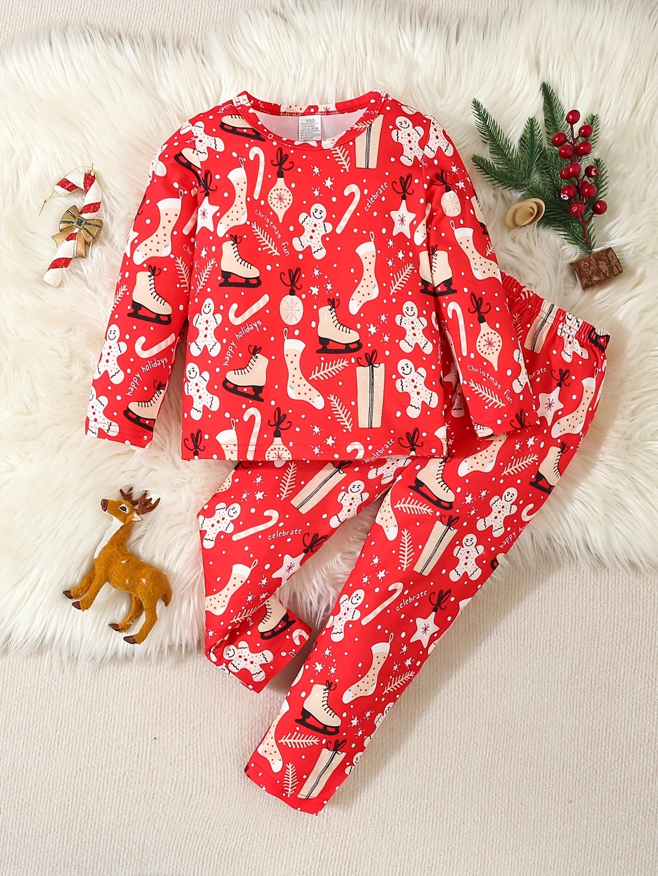 2pcs Set of Children and Toddler's Autumn and Winter Warm Fleece Underwear, Long Sleeve Thermal Outdoor Suit, Velvet Fabric, Christmas, Cookie Cartoon