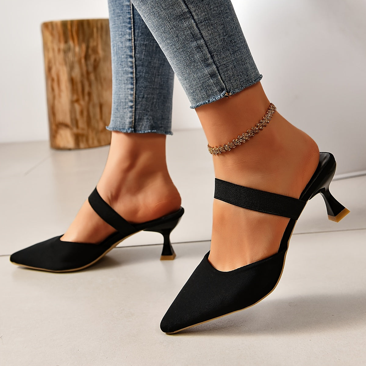 Chic Women's Pointed Toe Stiletto Sandals, Versatile Slip-On, Comfort Elastic Band, Low Heel for Daily Elegance (20-35 Words)