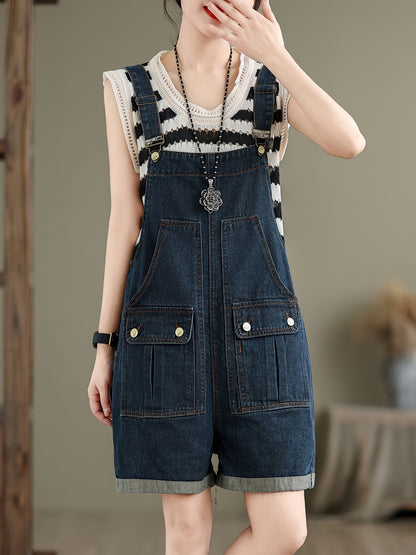 Plain Washed Blue Flap Pocket Adjustable Strap Retro Style Roll Up Hem Denim Overalls Shortalls Dungarees, Women's Denim Jeans & Clothing