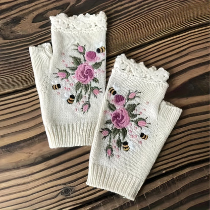 Vintage-Inspired Embroidered Floral Knit Gloves with Lace Trim - Touchscreen Compatible, Warm Half Finger Design for Women, Perfect for Fall & Winter