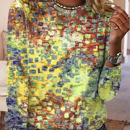 Womens Stylish Allover Print Crew Neck Sweatshirt - Soft & Breathable for Spring & Fall - Long Sleeve, Fashionable Comfort