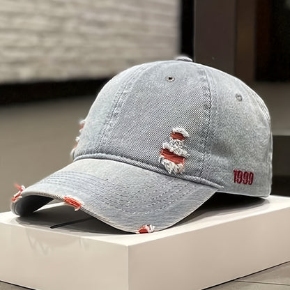 Trendy 1pc Distressed Denim Cap - Rugged Style – Versatile for Casual Wear in Spring to Autumn