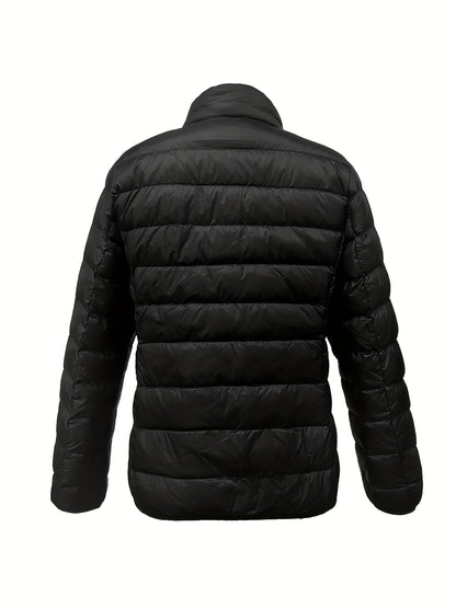 Zipper Stand Collar Slant Pockets Puffer Jacket, Casual Long Sleeve Jacket For Winter, Women's Clothing