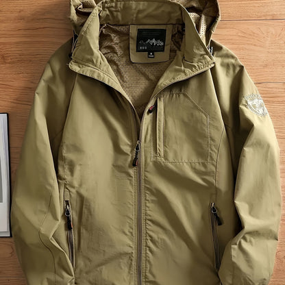 Men's Solid Hooded Long Sleeve And Zipper Down Windbreaker Jacket With Pockets And Detachable Hood, Casual And Chic Jackets For Outdoors Activities