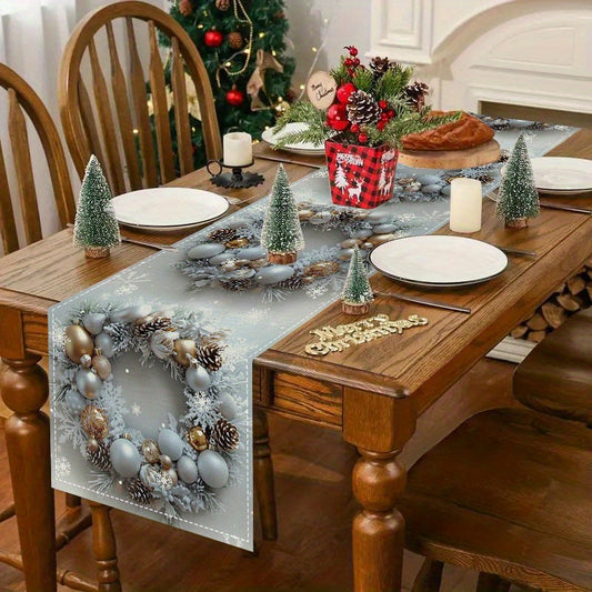 Christmas Table Runner - 72" Rectangular Woven Polyester Table Topper - Holiday Season Home Kitchen Dining Decor - Festive Tablecloth with Elf & Winter Motifs for Christmas Party Decoration