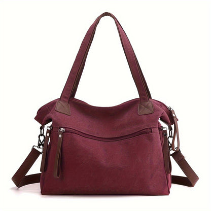 Large Capacity Vintage Style Canvas Tote Bag for Women - Adjustable Strap, Zipper Closure, Polyester Lined, Versatile for Work, Commuting, and Travel