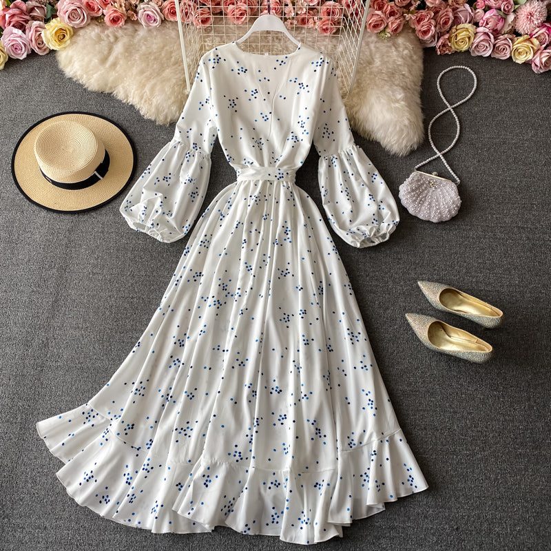 VAKKV White V Neck Long Sleeve Dress Fashion Dress P339