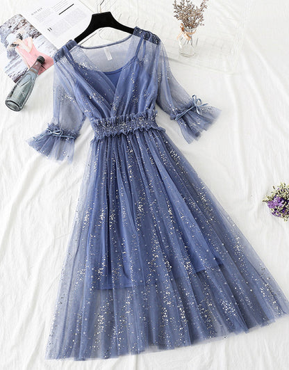 VAKKV A Line Two Pieces Tulle Dress With Sequins P336