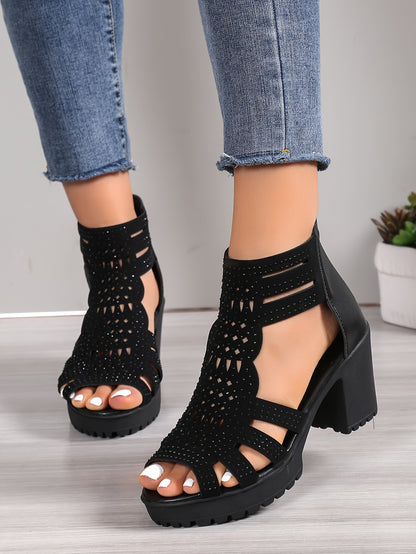 Stylish High Heel Womens Sandals - Rhinestone Decorated, Chunky Block Heel, Open Toe, Hollow Out Design, Back Zipper, Fabric Insole, EVA Sole, Ankle-Strap, Random Printing, Perfect for Summer Fashion and Dress Occasions