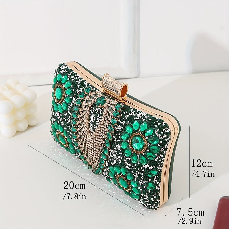 Glittering Vintage Rhinestone Evening Clutch - Elegant Ladies Cocktail Purse for Parties & Proms - Durable PU Material with Optional, Adjustable Chain Strap