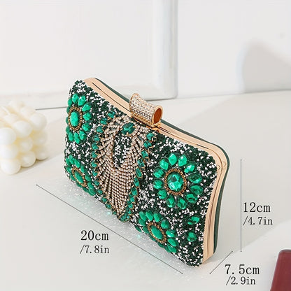 Glittering Vintage Rhinestone Evening Clutch - Elegant Ladies Cocktail Purse for Parties & Proms - Durable PU Material with Optional, Adjustable Chain Strap