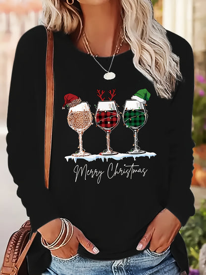 Women's Festive Christmas Wine Glass & Letter Print Long Sleeve T-Shirt - Casual Crew Neck, Polyester, Machine Washable
