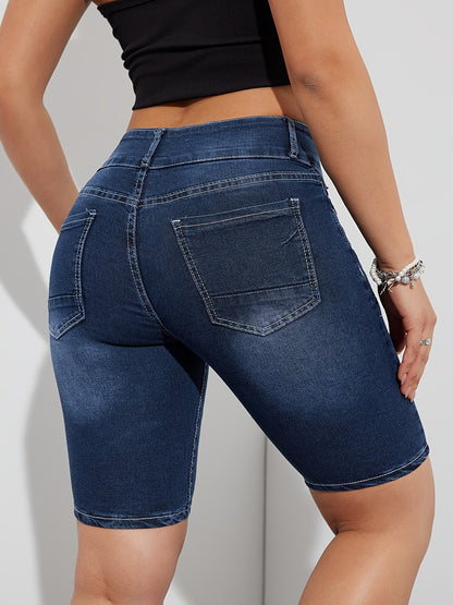 Womens Fashionable Bermuda Denim Shorts - Ultra-Comfortable Stretch with Distressed Whiskering Wash - Trendy Slash Pockets, Single-Breasted Design - Classic Blue Jeans & Casual Clothing Essential