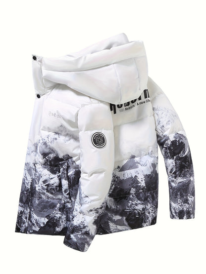 Men's Stylish Mountains Pattern Down Jacket With Pockets, Casual Breathable Zip Up Long Sleeve Warm Hooded Top For Winter City Walk Street Hanging Outdoor Activities