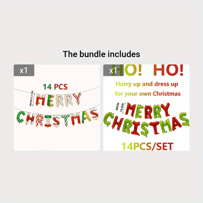 14pcs/set, 15.7in Alphabet Balloon Christmas Alphabet Banner Set, Merry Christmas Foil Balloon Merry Christmas Party Decoration Xmas Decor Indoor Balloon