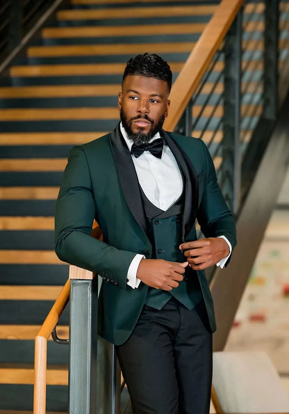 Custom Design Dark Green 3 Piece Suit Men Wedding Tuxedos Excellent Black Lapel Groom Tuxedos Men Business Dinner Prom Blazer Jacket Pants Tie Vest 211
