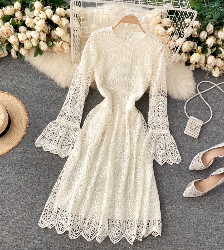 VAKKV A Line Lace Long Sleeve Dress Fashion Dress P334