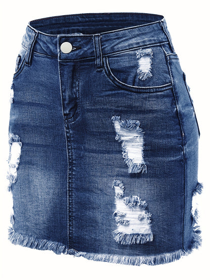 Plain Ripped Holes Denim Mini Skirt, Raw Hem High Stretch Distressed Denim Skirt, Women's Denim Clothing