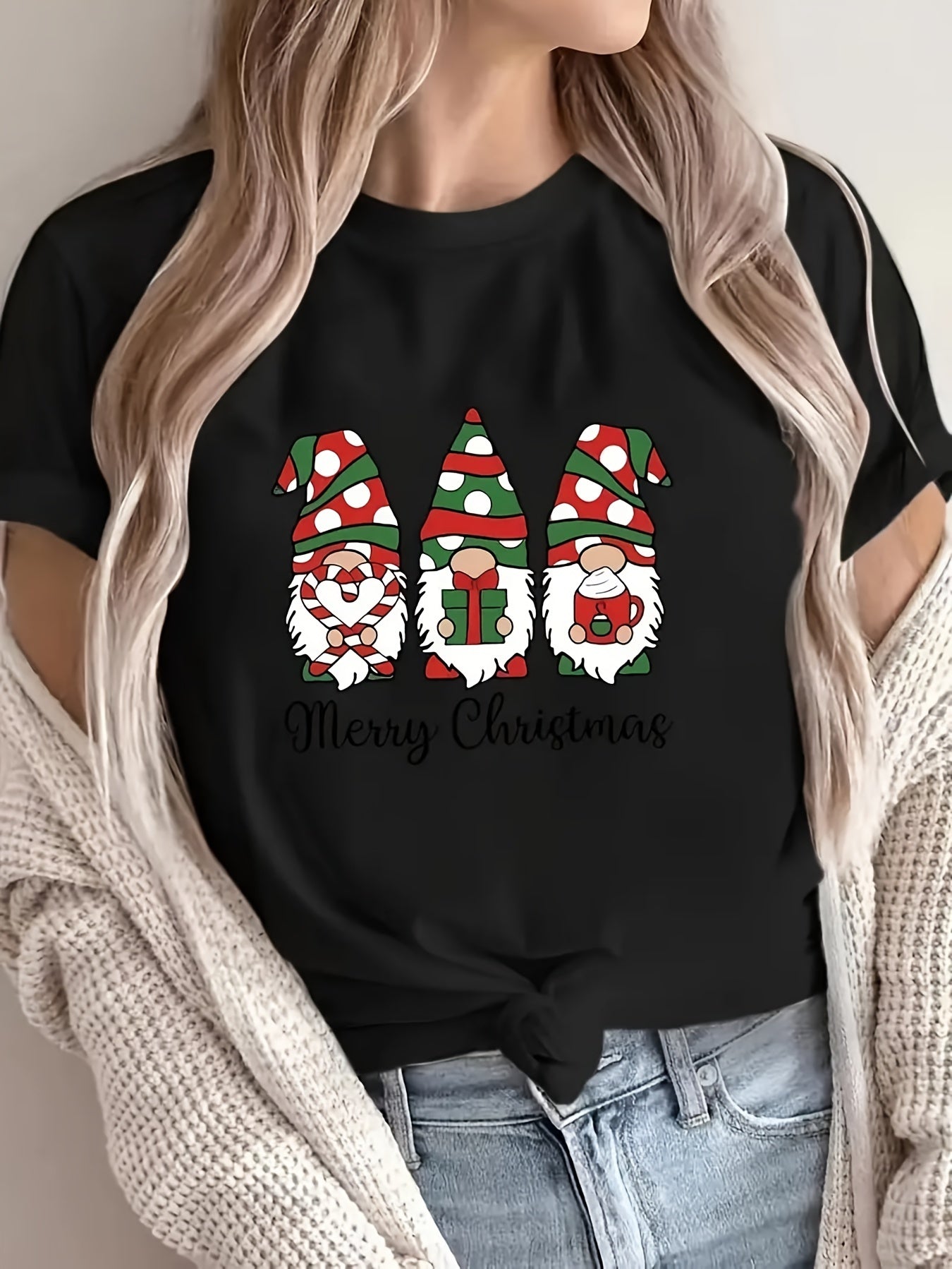 1pc Women'S Plus Size Merry Christmas Cartoon Gnomes T-Shirt, Casual Crew Neck Short Sleeve Top with Slight Stretch, Polyester Knit Fabric Pullover for All Seasons