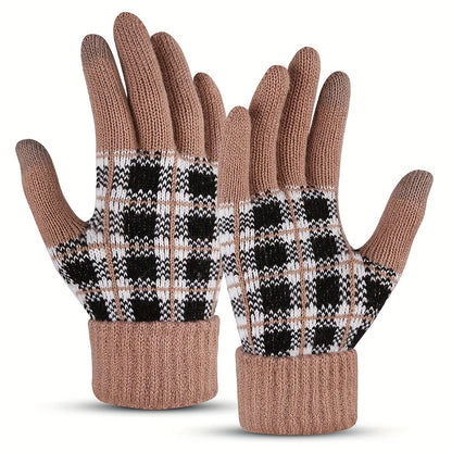 Thickened Full Finger Gloves - Warm, Touchscreen, Windproof, and Coldproof for Weekend Casual Sports - Acrylic Knit with Elasticity and Classic Contrast Color Plaid Design