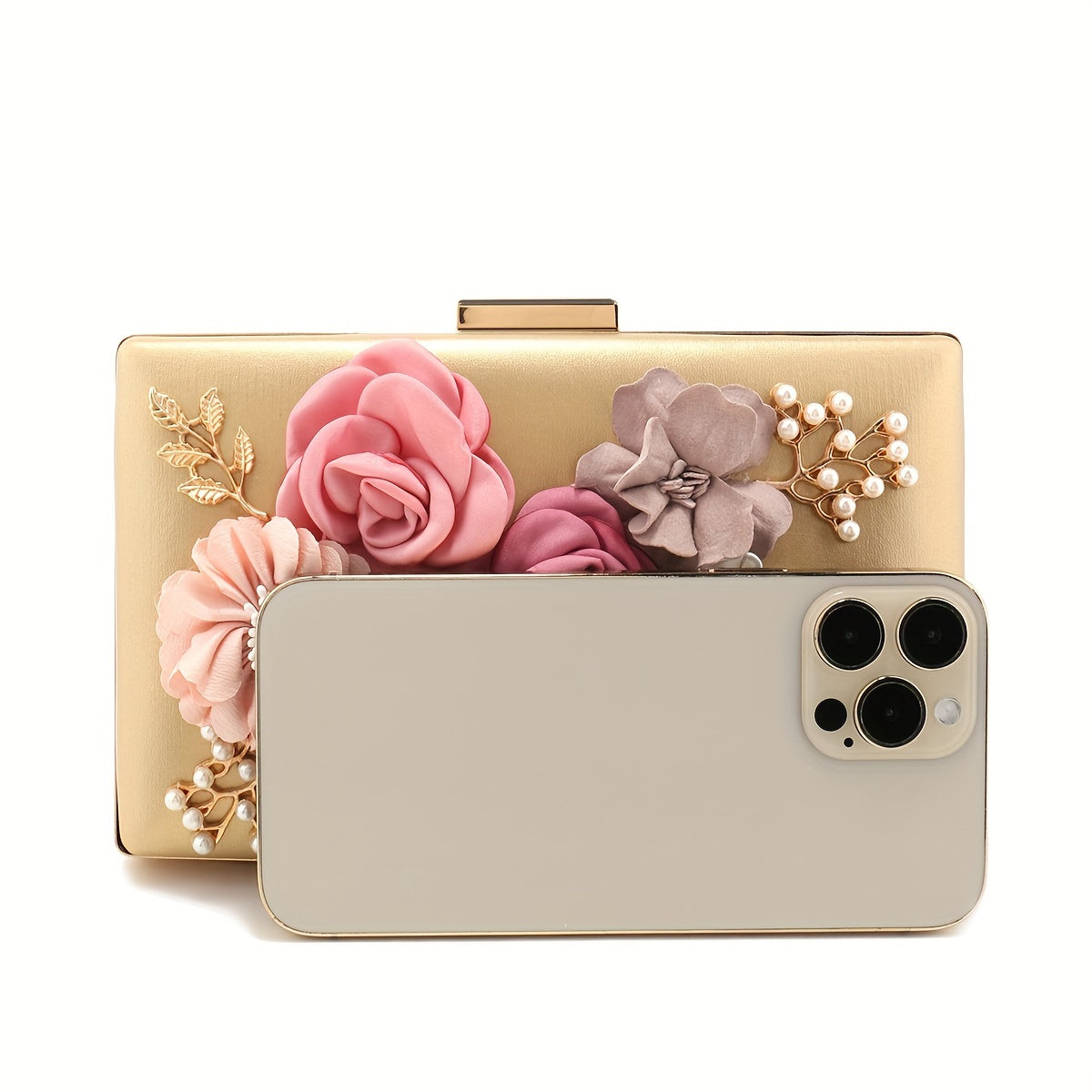 Glittering 3D Flower Evening Clutch - Stylish Womens Purse for Weddings & Parties - Dazzling Chain Strap Handbag with Delicate Floral Embellishment