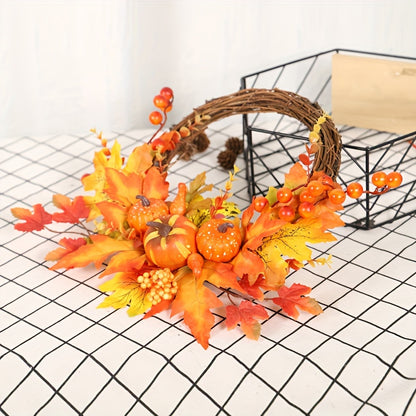 Autumn Harvest 15.8" Artificial Pumpkin & Maple Leaf Wreath - Perfect for Thanksgiving, Halloween, and Christmas Decor | Versatile Indoor/Outdoor Wall Hanging