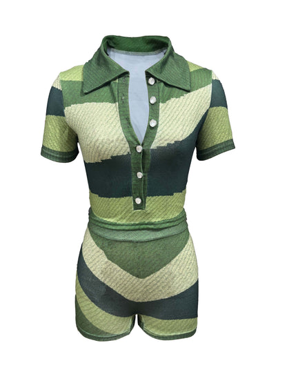 Two-Piece Y2K Color Block Lapel Collar Short Sleeve Top & Skinny Shorts Set - Polyester Mid-Elasticity Knit Fabric, Random Printing, Patchwork Pattern, Button Front, Perfect for Spring & Summer, Womens Clothing