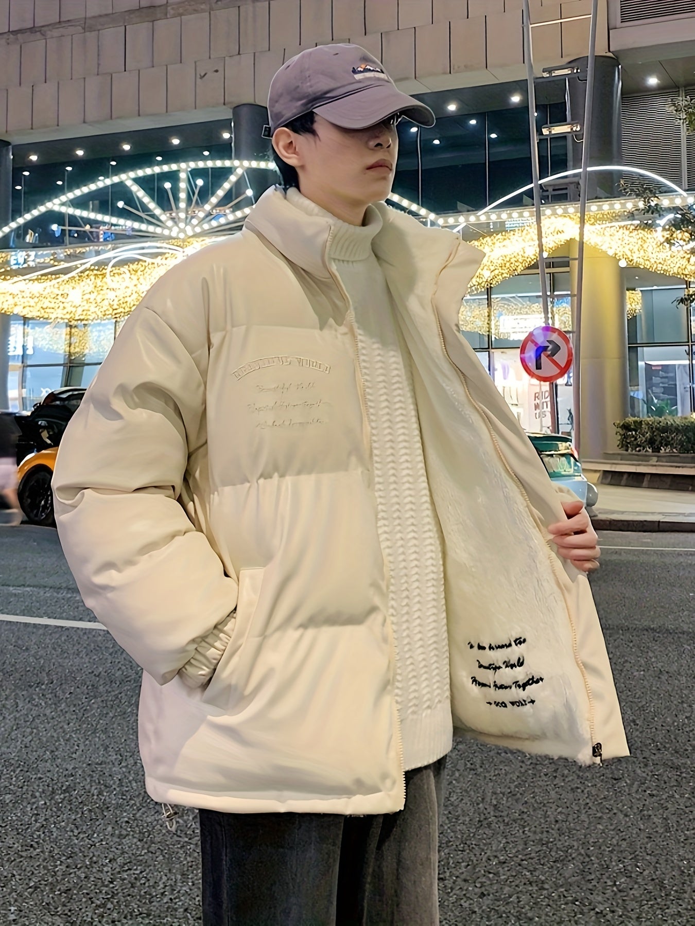 Men's Stylish Alphabets Faux Down Jacket With Pockets, Casual Breathable Lapel Zip Up Long Sleeve Warm Top For Winter City Walk Street Hanging Outdoor Activities