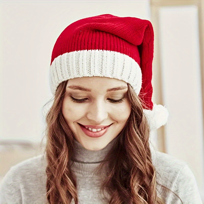 1pc Adorable Knitted Santa Hat with Pompom - Beanies for Women and Men - Soft, Warm, and Festive Christmas Gift and Party Decoration