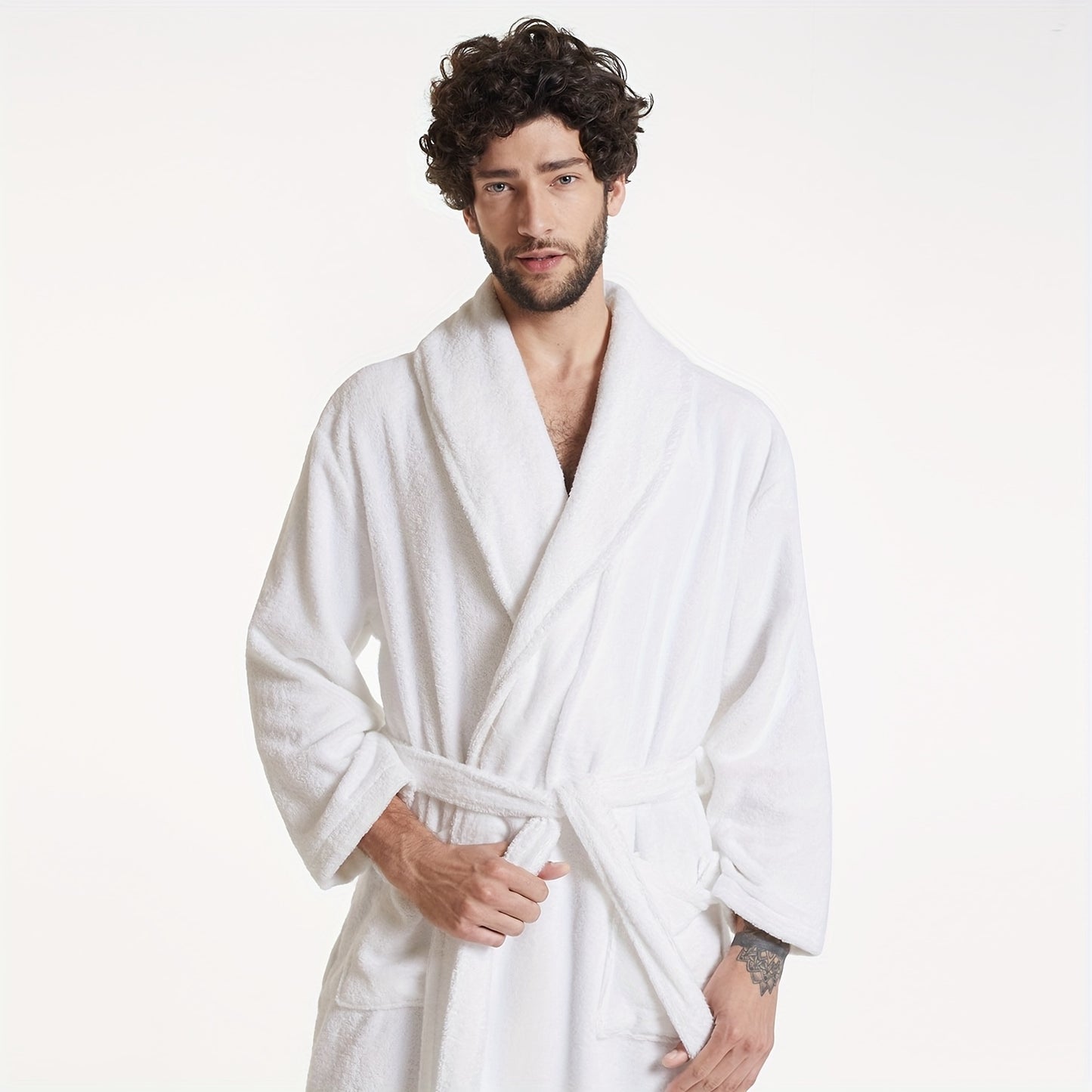 SIORO Mens Terry Cloth Bathrobe Shawl Collar Hotel Spa Cotton Robe Soft Warm Sleepwear Absorbent Calf Length Gown