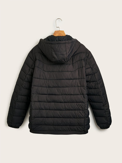 Men's Stylish Solid Faux Down Jacket With Pockets, Casual Breathable Zip Up Long Sleeve Warm Hooded Quilted Jacket For Winter City Walk Street Hanging Outdoor Activities