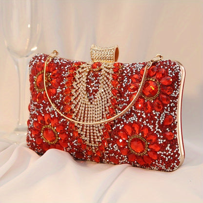 Glittering Vintage Rhinestone Evening Clutch - Elegant Ladies Cocktail Purse for Parties & Proms - Durable PU Material with Optional, Adjustable Chain Strap