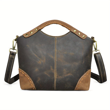 Vintage-Inspired Crazy Horse Leather Satchel Tote Bag for Women - Durable, Stitched, and Spacious with Removable Strap, Adjustable Shoulder Strap, and Polyester Lined Zippered Interior - Perfect for Work, School, or Daily Use